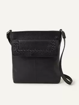 Accessorize Leather Stitch Detail Messenger Bag, Black, Women