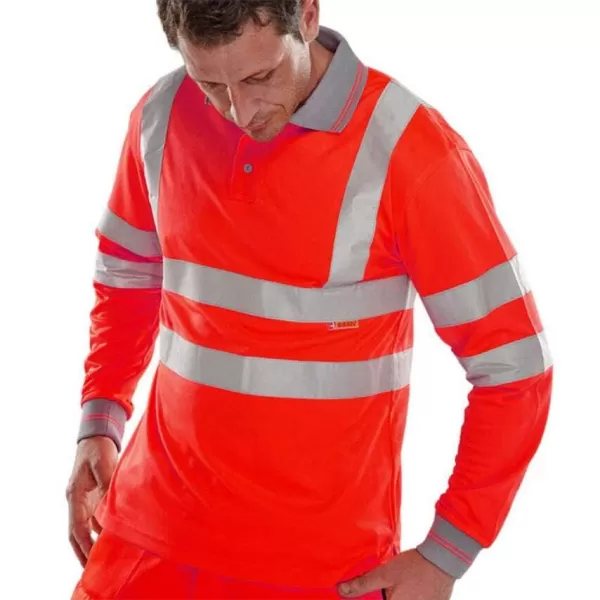 B SEEN High Visibility Polo Shirt, Long Sleeved, Red, Large