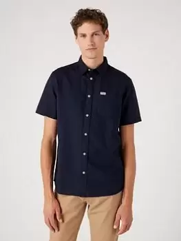 Wrangler Small Logo Short Sleeve Oxford Shirt - Navy, Size L, Men