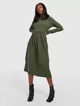 Boohoo Crinkle Rib Roll Neck Midi Dress - Khaki, Green, Size 10, Women