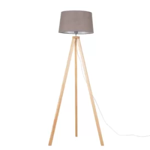 Barbro Light Wood Tripod Floor Lamp with Grey Doretta Shade