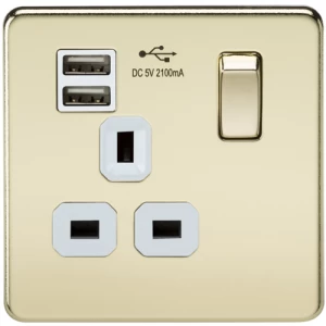KnightsBridge 1G 13A Screwless Polished Brass 1G Switched Socket with Dual 5V USB Charger Ports - White Insert