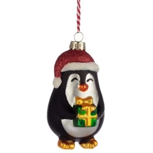 Penguin with Present Glass Christmas Bauble Decoration