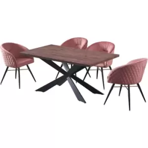 5 Pieces Life Interiors Vittorio Duke Dining Set - a Walnut Rectangular Dining Table and Set of 4 Pink Dining Chairs - Pink