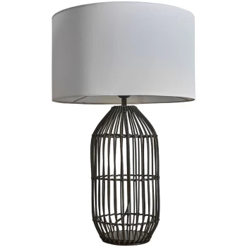 Large Black Rattan Table Lamp With Fabric Lampshade - White - No Bulb