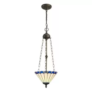 3 Light Uplighter Ceiling Pendant E27 With 30cm Tiffany Shade, Blue, Crystal, Aged Antique Brass - Luminosa Lighting