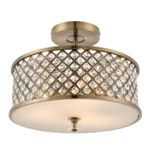 Hudson 3 Light Flush Ceiling Light Antique Brass, Crystal, E27