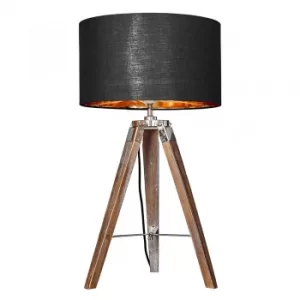 Clipper Light Wood Table Lamp with Large Black and Gold Reni Shade