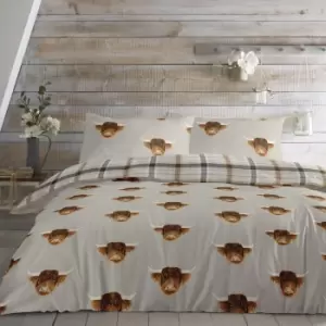 Fusion Highland Cow Duvet Cover and Pillowcase Set Brown, Grey and White