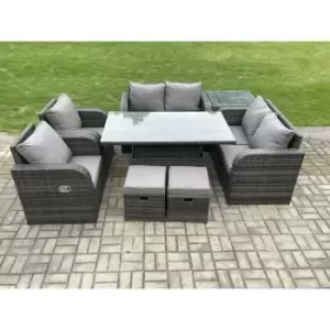 Fimous - Outdoor Rattan Garden Furniture Set Patio Height Adjustable Rising lifting Dining Table Love Sofa With Side Table 2 Footstools