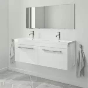 1200mm White Wall Hung Double Vanity Unit with Basin and Chrome Handles - Ashford