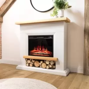 White & Oak Effect Freestanding Electric Fire Suite with Log Storage - AmberGlo