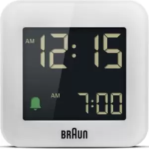 Braun Digital Travel Alarm Clock with Snooze, Compact Size, Negative LCD Display, Quick Set,Crescendo Beep Alarm in White, model .