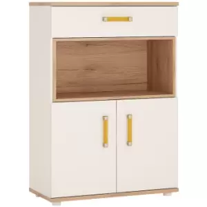 4Kids 2 Door 1 Drawer Cupboard with open shelf in Light Oak and white High Gloss (orange handles) - Light Oak and white High Gloss (orange handles)