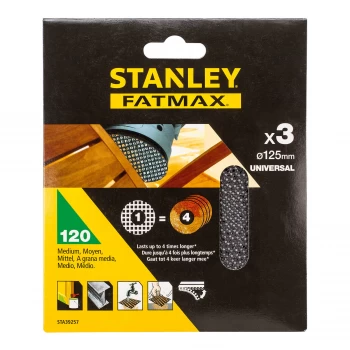 STANLEY FATMAX - 3x 120g Quick Fit Random Orbital Sanding Mesh Discs 125mm