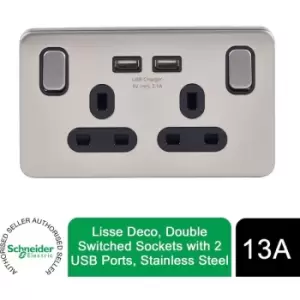 Schneider Electric - Lisse Screwless Double Socket usb Ports 13A Stainless Steel