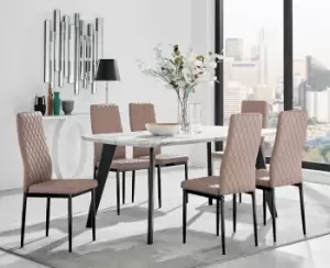 Andria White Marble Effect & Black Leg 6 Seater Dining Table and 6 Milan Faux Leather Chairs