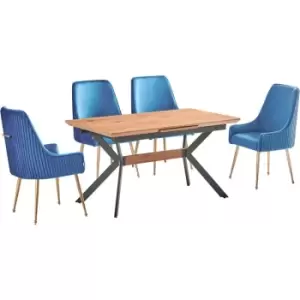 5 Pieces Life Interiors Soho Blaze Dining Set - an Extendable Oak Rectangular Wooden Dining Table and Set of 4 Blue Dining Chairs - Blue
