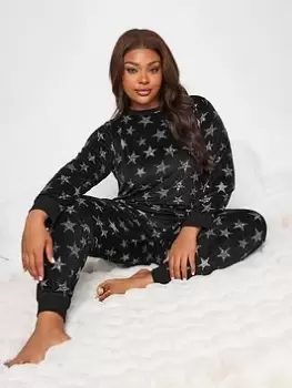 Yours Yours Texture Star Velour Lounge Set, Black, Size 38-40, Women
