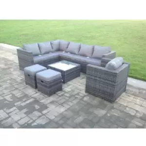 Fimous - Dark Grey Mixed Rattan Garden Furniture Corner Sofa Set Square Coffee Table Chair Footstools Left Hand Option