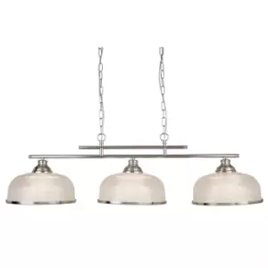Bistro 3 Light Ceiling Pendant Bar Satin Silver, White with Glass Shades, E27