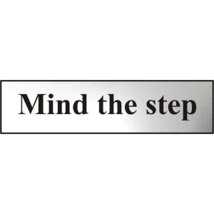 ASEC Mind The Step 200mm x 50mm Chrome Self Adhesive Sign