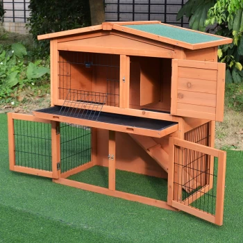 PawHut 2 Story Multi-Level Outdoor Rabbit Small Animal Enclosure with Ramp Tray to Raised Home & Below Run Area