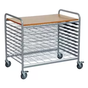 25 Level Art Drying Trolley - 45mm between shelves - Grey powder coated frame with beech laminate top