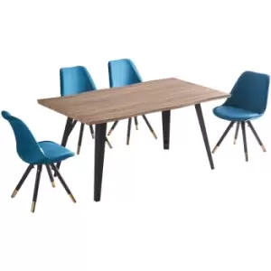 5 Pieces Life Interiors Sofia Rocco Dining Set - an Oak Rectangular Dining Table and Set of 4 Blue Dining Chairs - Blue