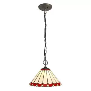 3 Light Downlighter Ceiling Pendant E27 With 30cm Tiffany Shade, Red, Crystal, Aged Antique Brass - Luminosa Lighting