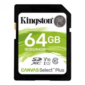 Kingston Canvas Select Plus C10 UHSI SDXC Class 10 UHS-I 4K 100MBs 64GB SD Card