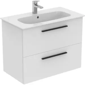 Ideal Standard i. life A Double Drawer Wall Hung Unit with Basin Matt 800mm with Matt Black Handles in White