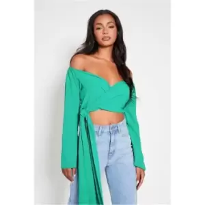 I Saw It First Emerald Green Woven Wide Sleeve Tie Front Blouse - Green