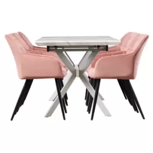 7 Pieces Life Interiors Camden Duke Dining Set - a White Rectangular Dining Table and Set of 6 Pink Dining Chairs - Pink