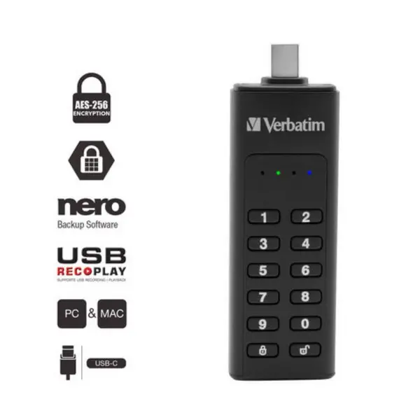 Verbatim Verbatim Keypad Secure - USB-C Drive with Password Protection and AES-256 HW encryption to protect your data - 32GB - Black 49430