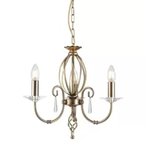 3 Bulb Chandelier Cut Glass Droplets Central Curved Stem Aged Brass LED E14 60W