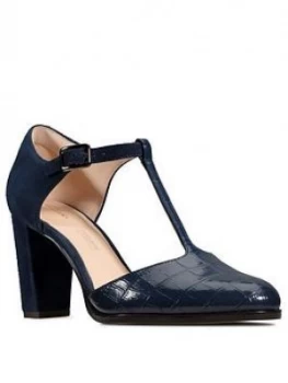 Clarks Kaylin85 T-bar Leather Heeled Shoe - Navy, Size 8, Women