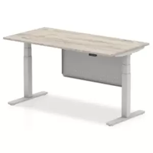 Air 1600 x 800mm Height Adjustable Desk Grey Oak Top Silver Leg With Silver Steel Modesty Panel