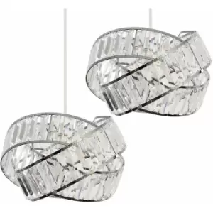 2 x Chrome & Clear Acrylic Jewel Ring Ceiling Pendant Light Shades - No Bulbs