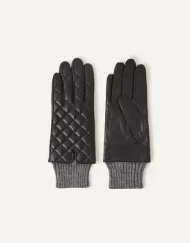 Accessorize Quilted Leather Gloves Black, Size: One Size