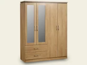 Seconique Charles Oak 4 Door 2 Drawer Mirrored Large Wardrobe Flat Packed
