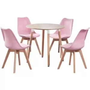 Life Interiors - 5 Pieces Jamie Lorenzo Halo Dining Set - a Round Dining Table and Set of 4 Pink Dining Chairs - Pink