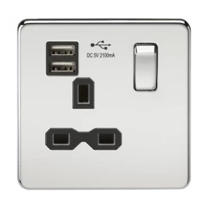 KnightsBridge 1G 13A Screwless Polished Chrome 1G Switched Socket with Dual 5V USB Charger Ports - Black Insert
