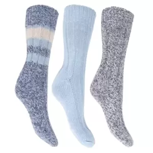 FLOSO Ladies/Womens Thermal Thick Chunky Wool Blended Socks (Pack Of 3) (UK Shoe 4-7) (Blue)