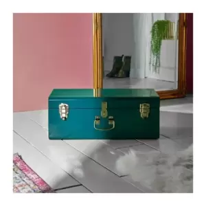 Metal Teal Storage Trunk with Gold Hardware - Stackable Vintage Suitcase Style for Bedroom, Living Room, Dressing Room, Hallway - Lockable - Btfy