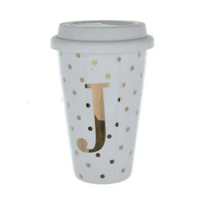 Initials J Double Walled Travel Mug With Silicone Lid - Gold Spots