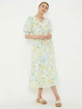 Dorothy Perkins Floral Poplin Ruffle Midi Dress - Ivory, Cream, Size 12, Women