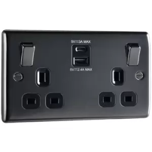 BG NEXUS Metal Black Nickel Double Switched 13A Socket With USB Charging - (Black Insert) - Black Nickel