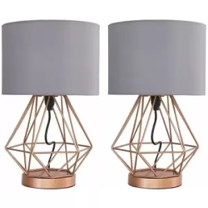 2 x Copper Touch Table Lamps + Grey Shade - No Bulbs