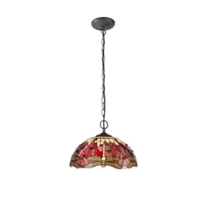 2 Light Downlighter Ceiling Pendant E27 With 40cm Tiffany Shade, Purple, Pink, Crystal, Aged Antique Brass